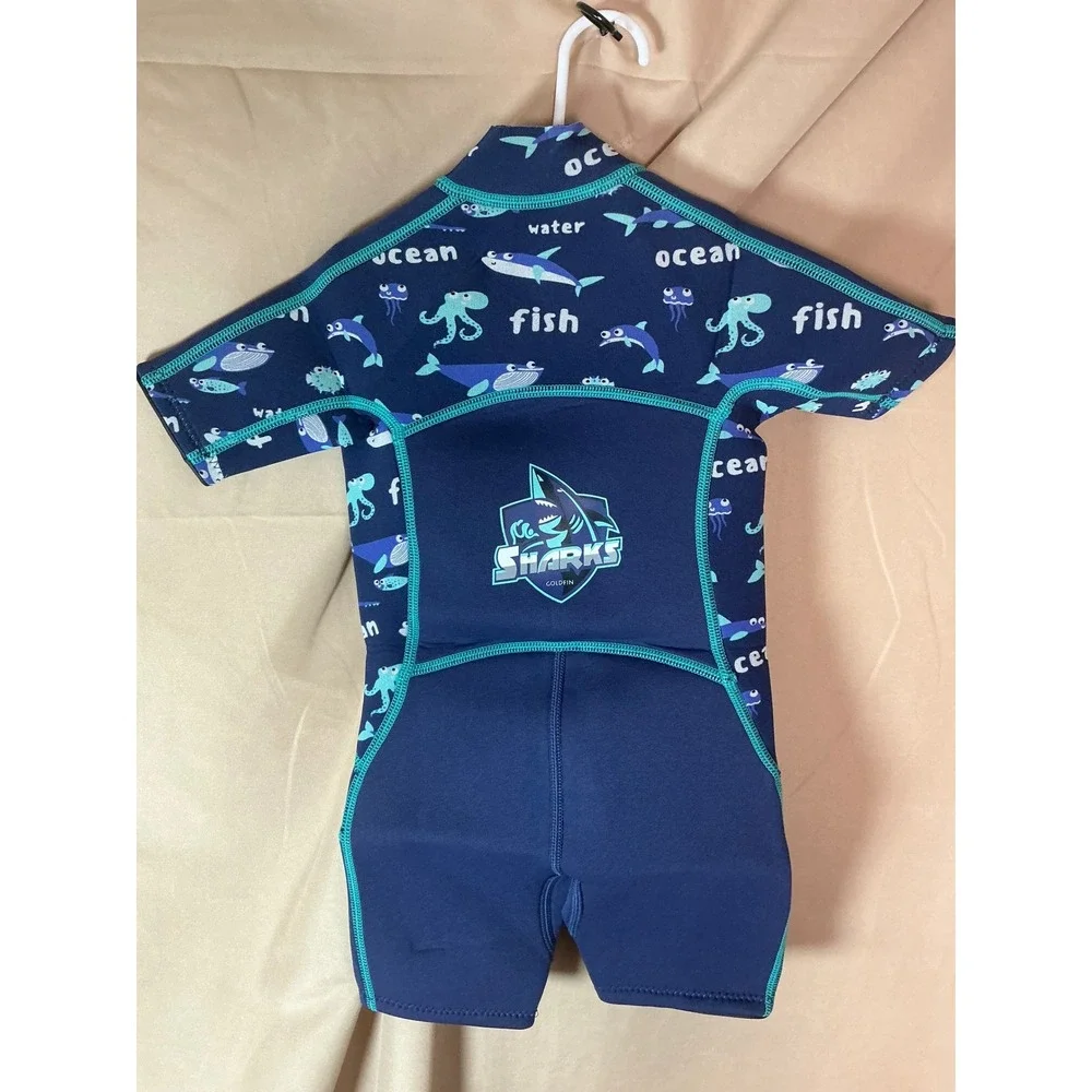 Goldfin Wetsuit Kids Size 2 Blue Excellent Shorty Neoprene Front Zip Shark Print